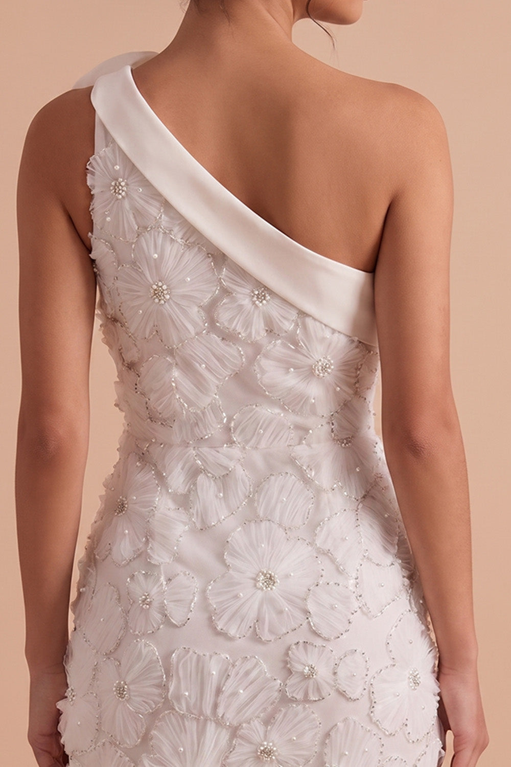 White Floral Satin Short Tight One Shoulder Birthday Dress with 3D Flower