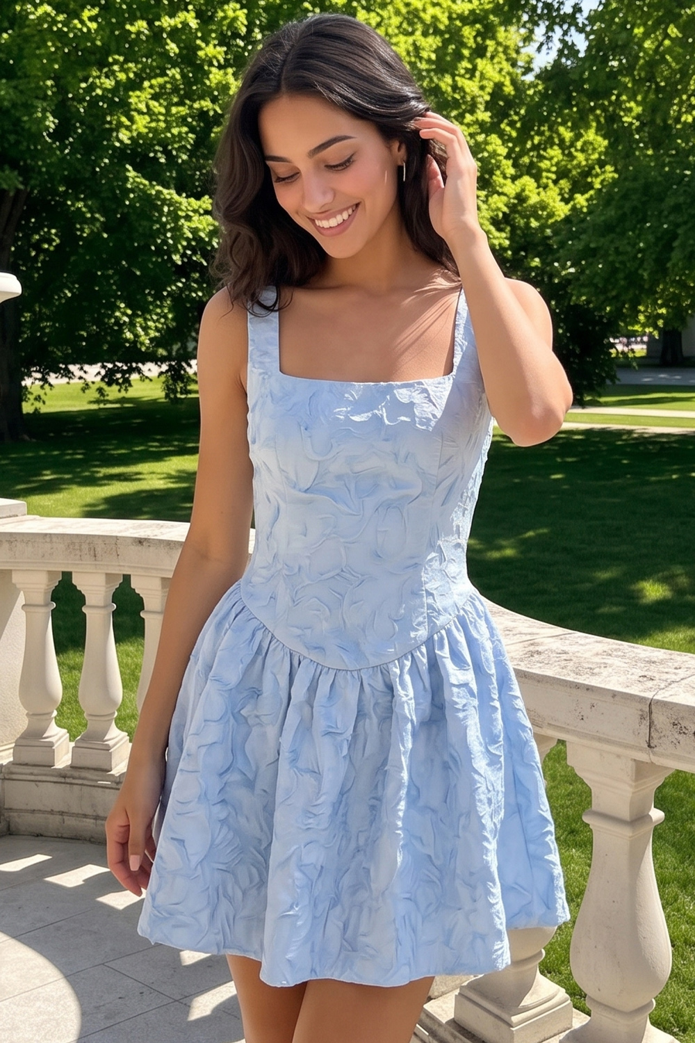 Floral Blue Corset Short Square Neck Birthday Dress
