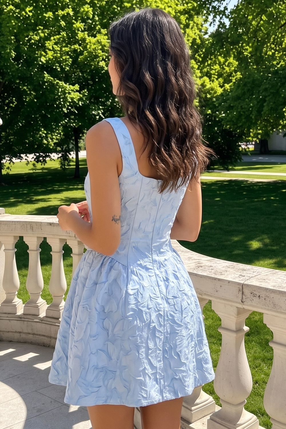 Floral Blue Corset Short Square Neck Birthday Dress