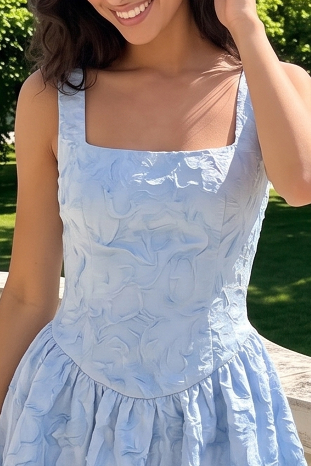 Floral Blue Corset Short Square Neck Birthday Dress