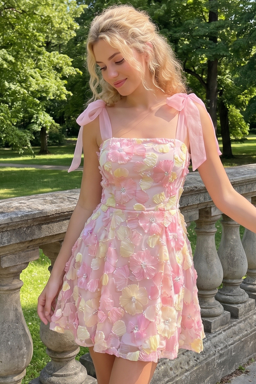 Berlinnova Women Pink Floral Mini Birthday Dress A-Line Square Neck Cute Sleeveless Homecoming Dress with Bow