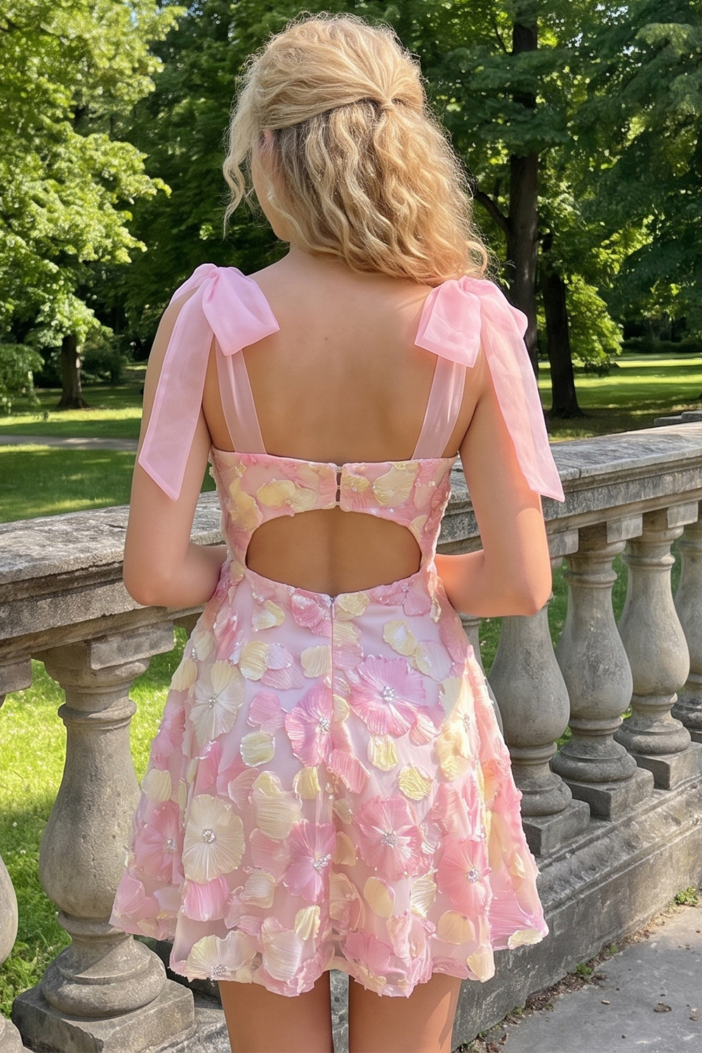 Pink A-Line Floral Square Neck Short Birthday Dress