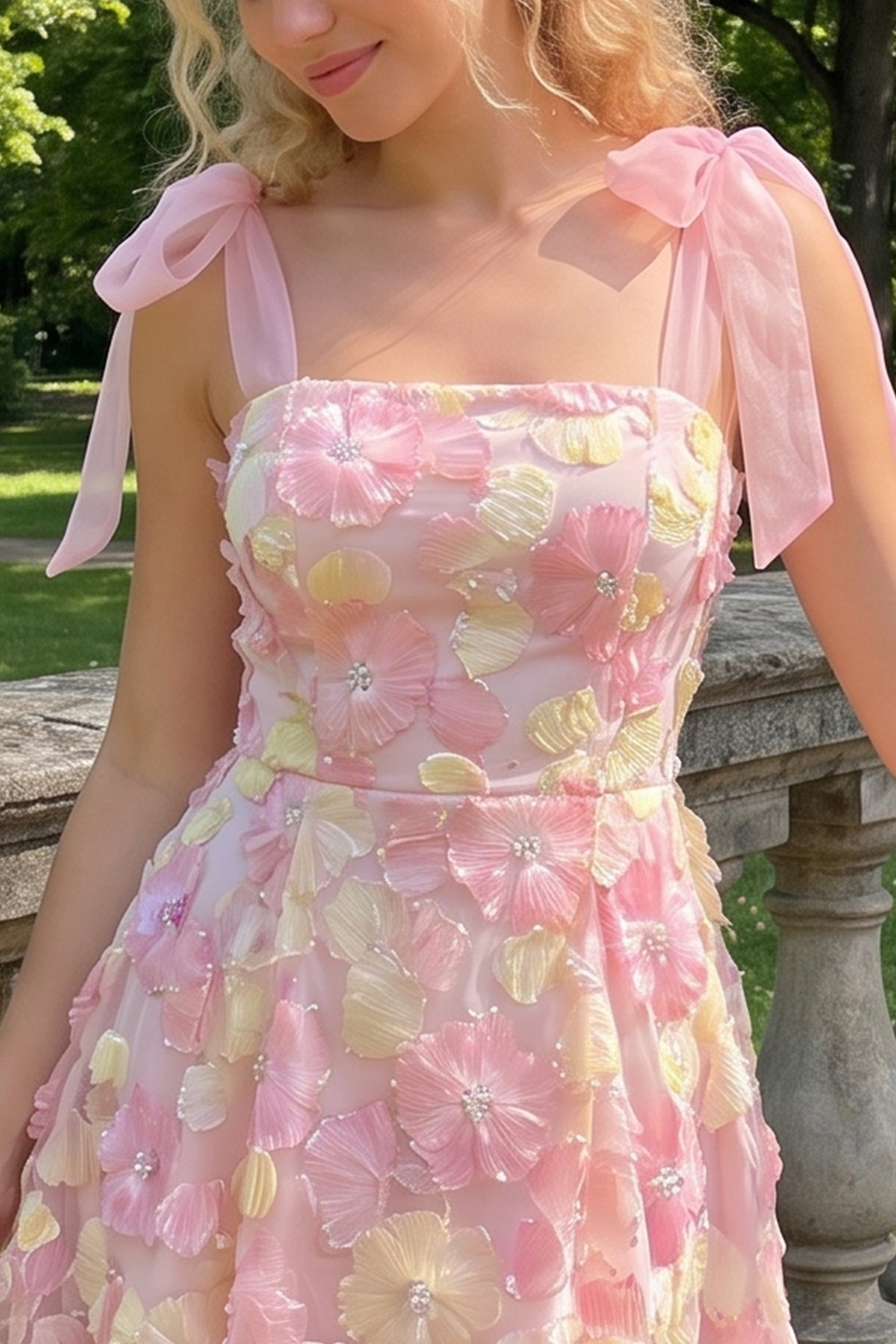 Pink A-Line Floral Square Neck Short Birthday Dress