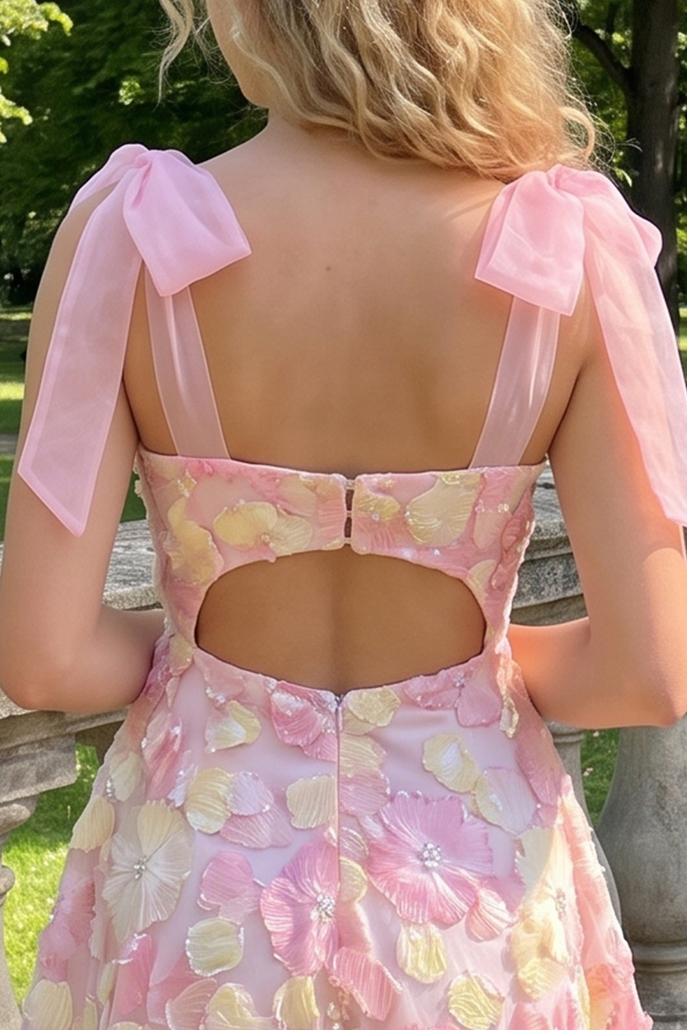 Pink A-Line Floral Square Neck Short Birthday Dress