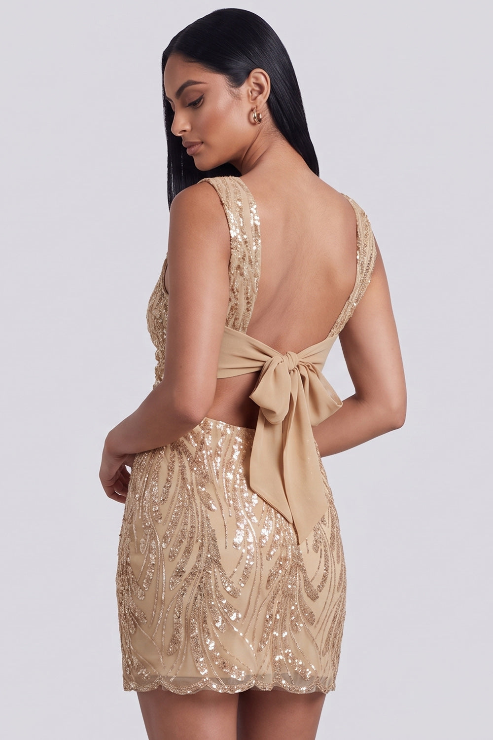 Sparkly Tight Floral Short Golden Birthday Dress with Bow