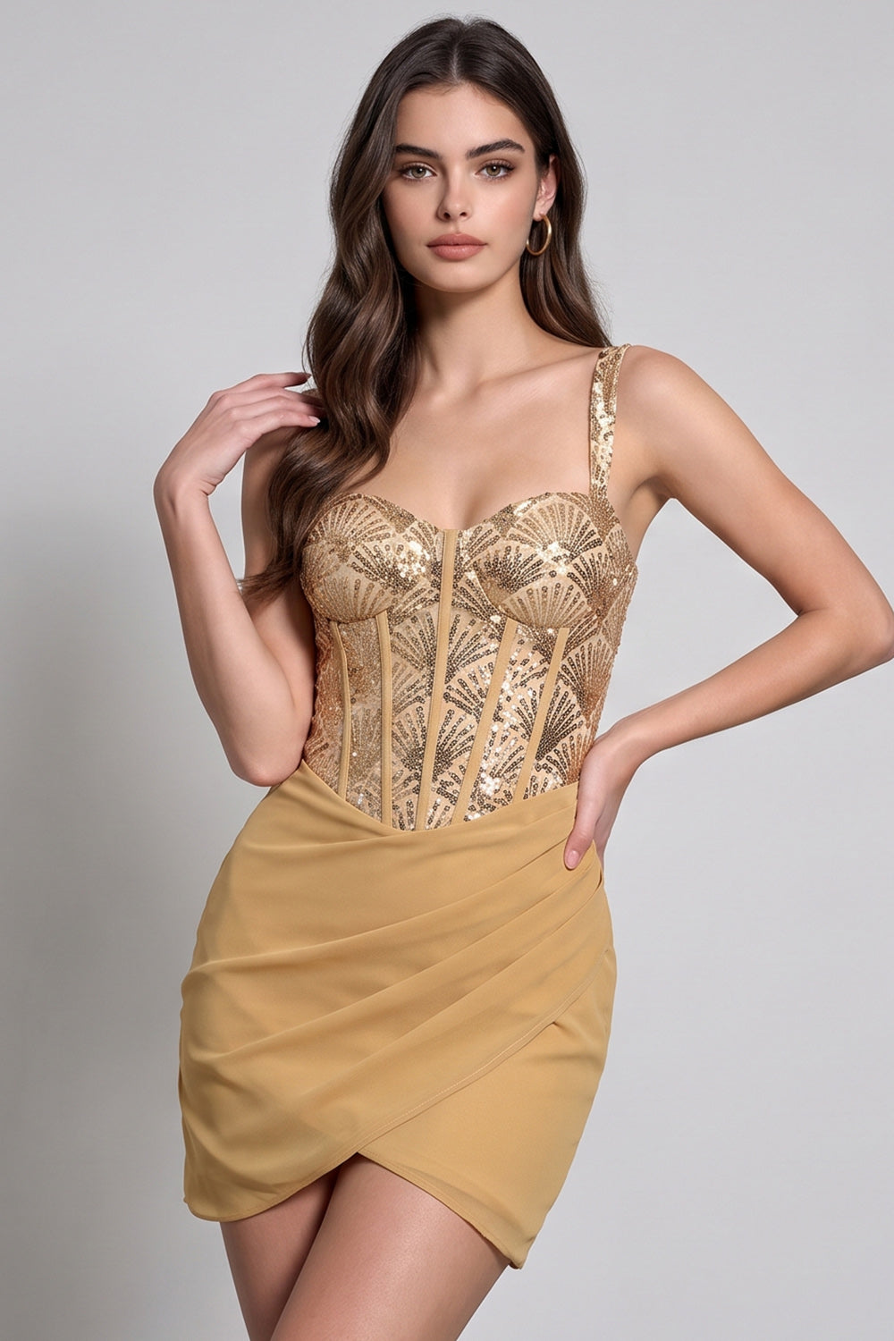 Berlinnova Women Corset Sequins Sparkly Golden Tight Ruched Short Birthday Dress Chiffon Thick Straps Lace Up Back Homecoming Dress