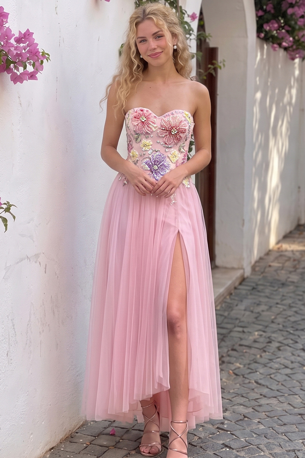 Blushing Pink Sweetheart Floral Tulle A-Line High-Low Prom Dress
