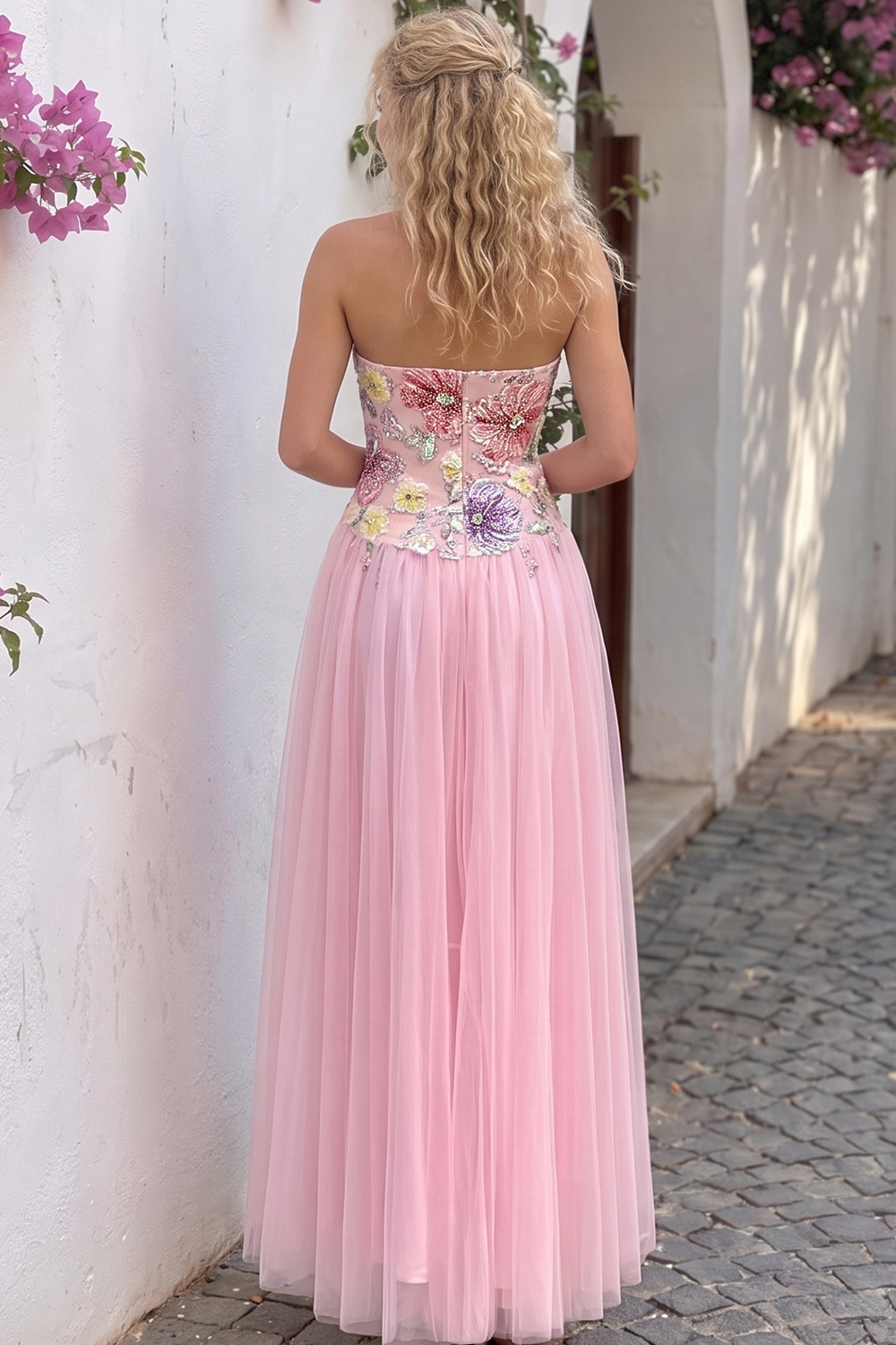 Blushing Pink Sweetheart Floral Tulle A-Line High-Low Prom Dress