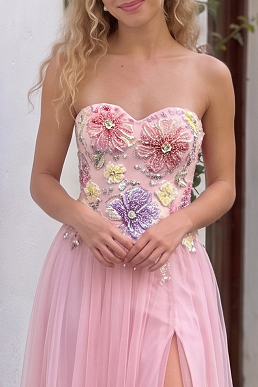 Blushing Pink Sweetheart Floral Tulle A-Line High-Low Prom Dress