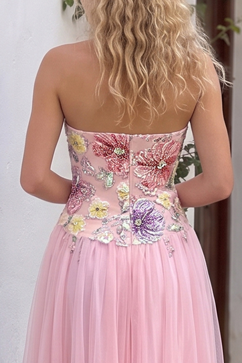 Blushing Pink Sweetheart Floral Tulle A-Line High-Low Prom Dress