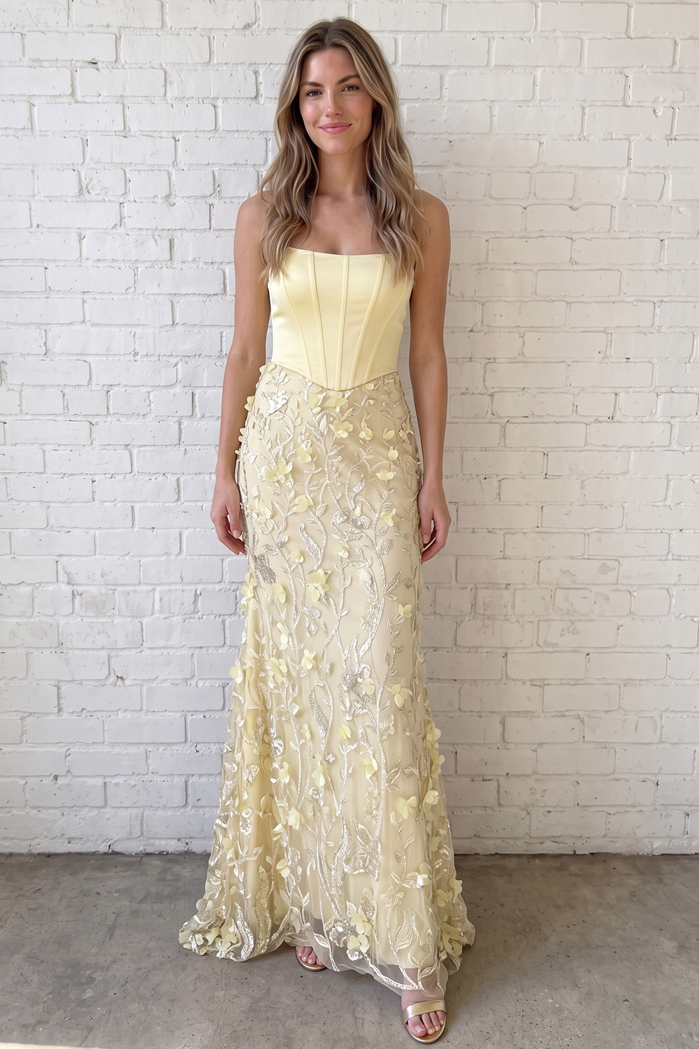 Yellow Sweetheart Corset Long Prom Dress with Appliques