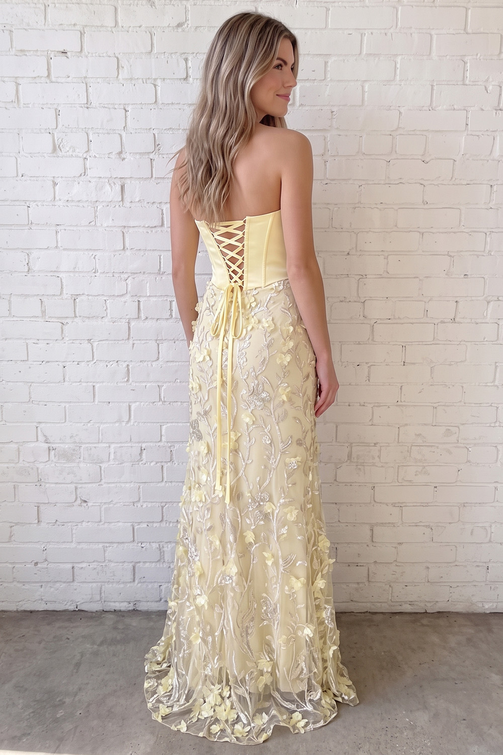 Yellow Sweetheart Corset Long Prom Dress with Appliques