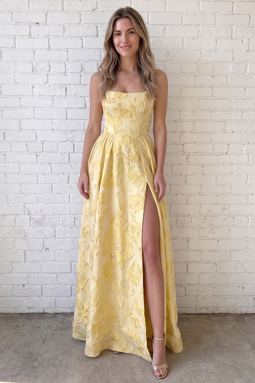 Square Neck Daffodil A-Line Floral Long Prom Dress with Side Slit