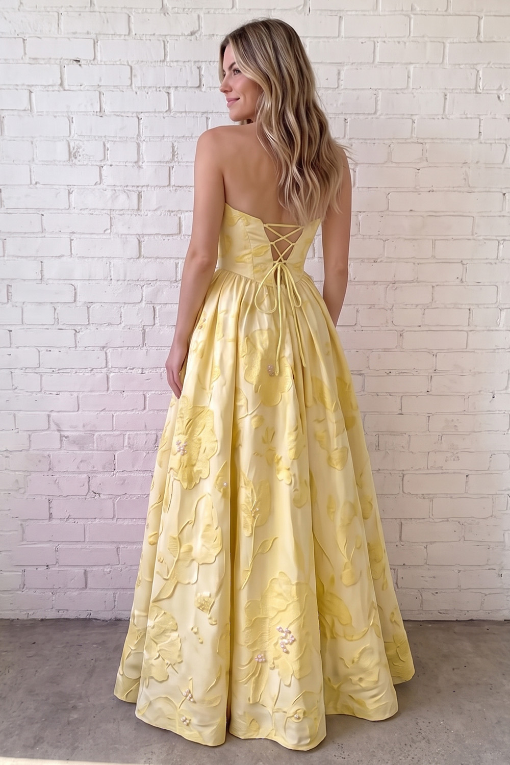 Square Neck Daffodil A-Line Floral Long Prom Dress with Side Slit
