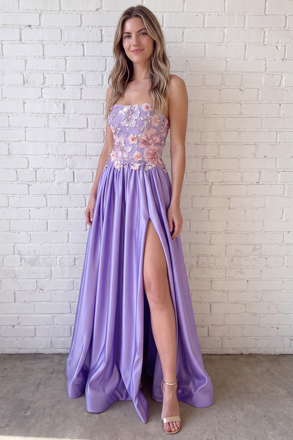 Appliqued Lilac A-Line Strapless Long Prom Dress with Slit