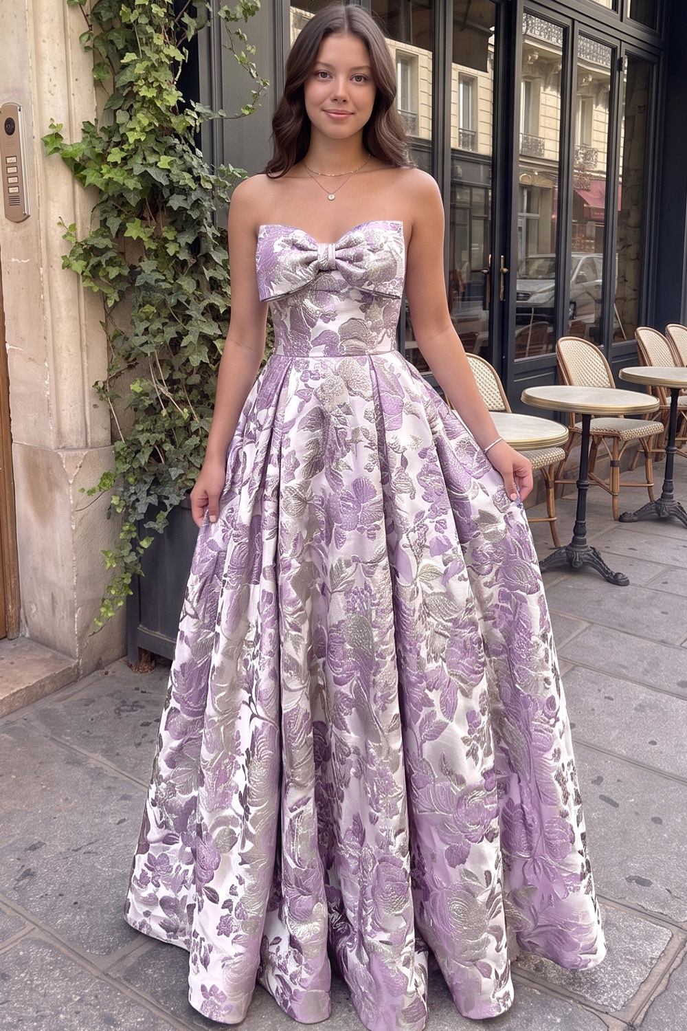 Berlinnova Women Light Purple Long Floral Prom Dress A Line Strapless Jacquard Formal Dress with Bow