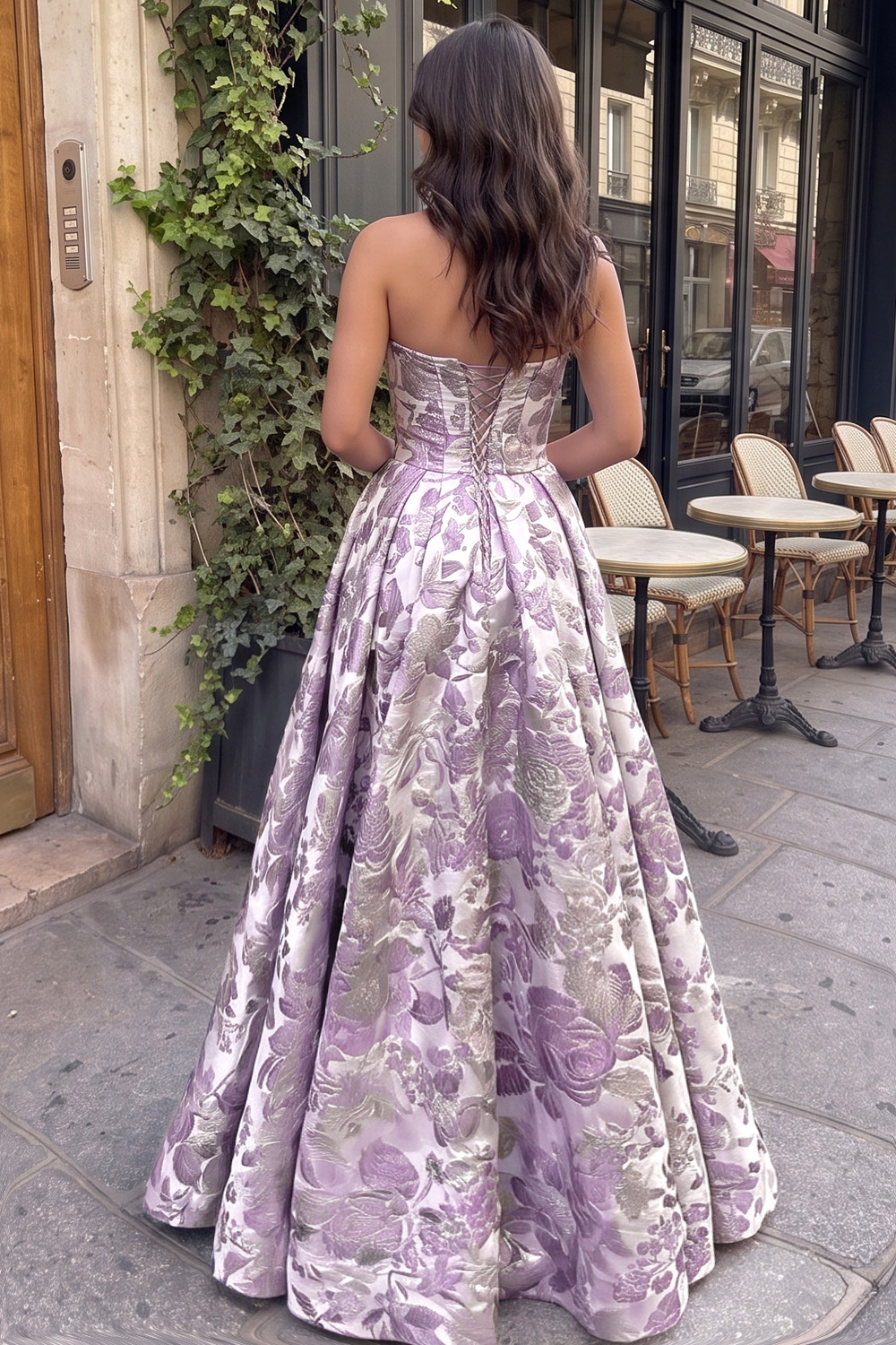 Light Purple Printed A-Line Strapless Long Prom Dress with Bow