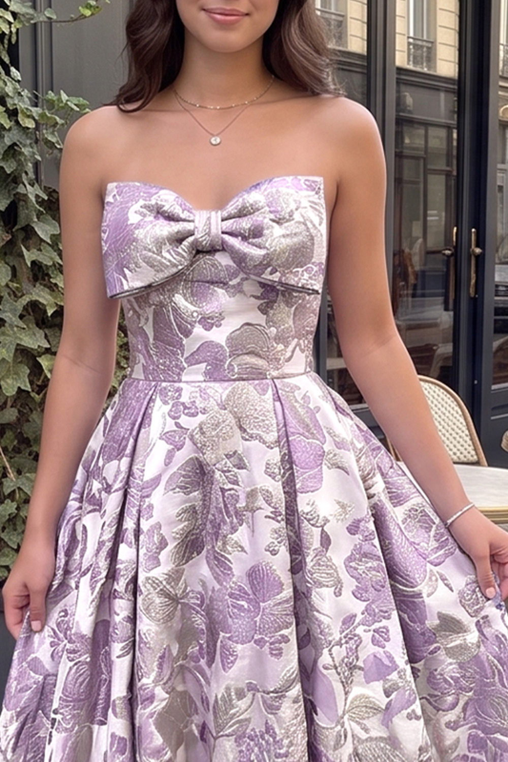 Light Purple Printed A-Line Strapless Long Prom Dress with Bow