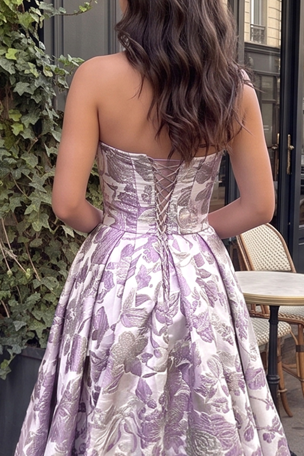 Light Purple Printed A-Line Strapless Long Prom Dress with Bow