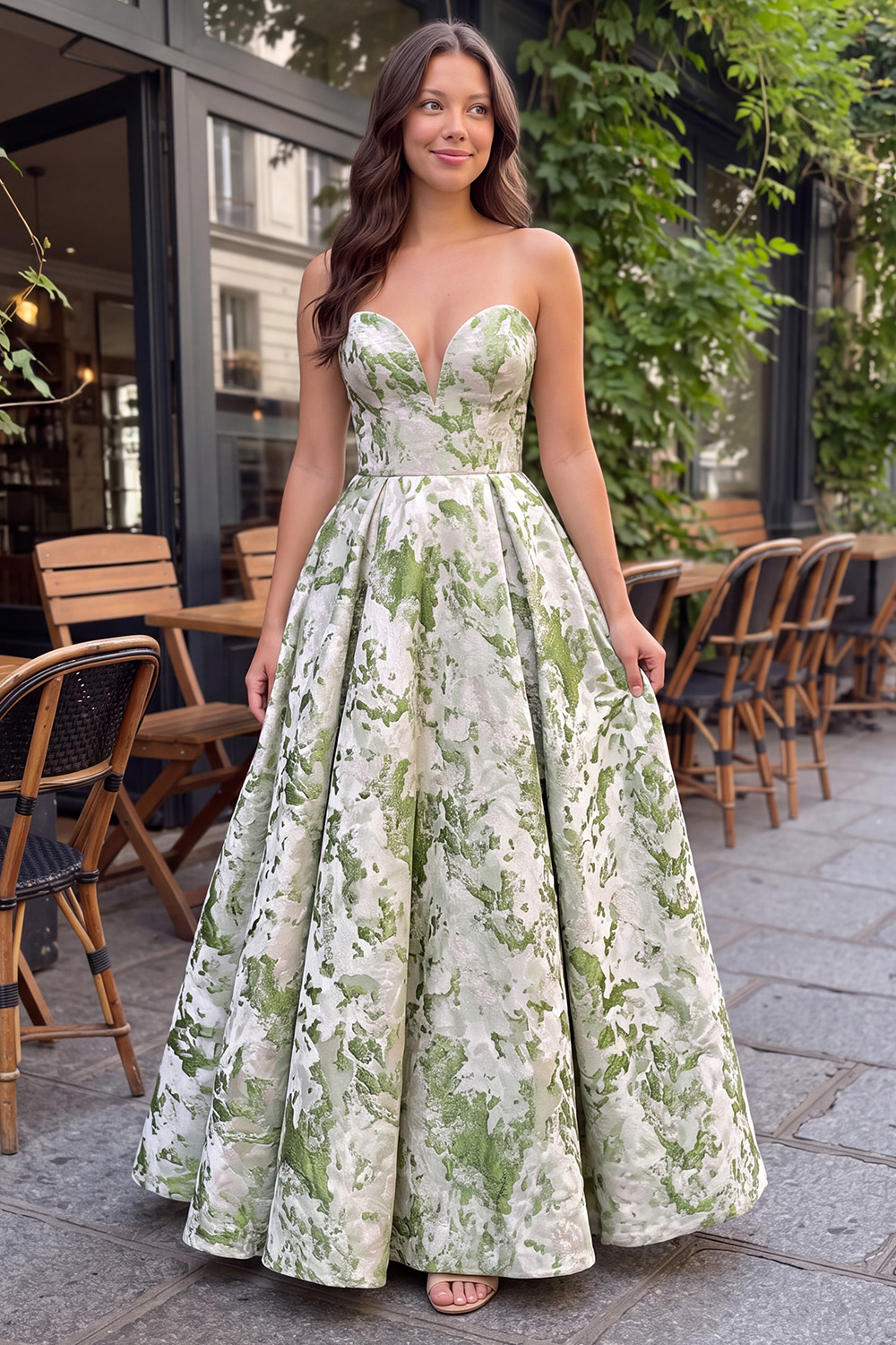 Light Green A-Line Printed Strapless Long Prom Dress