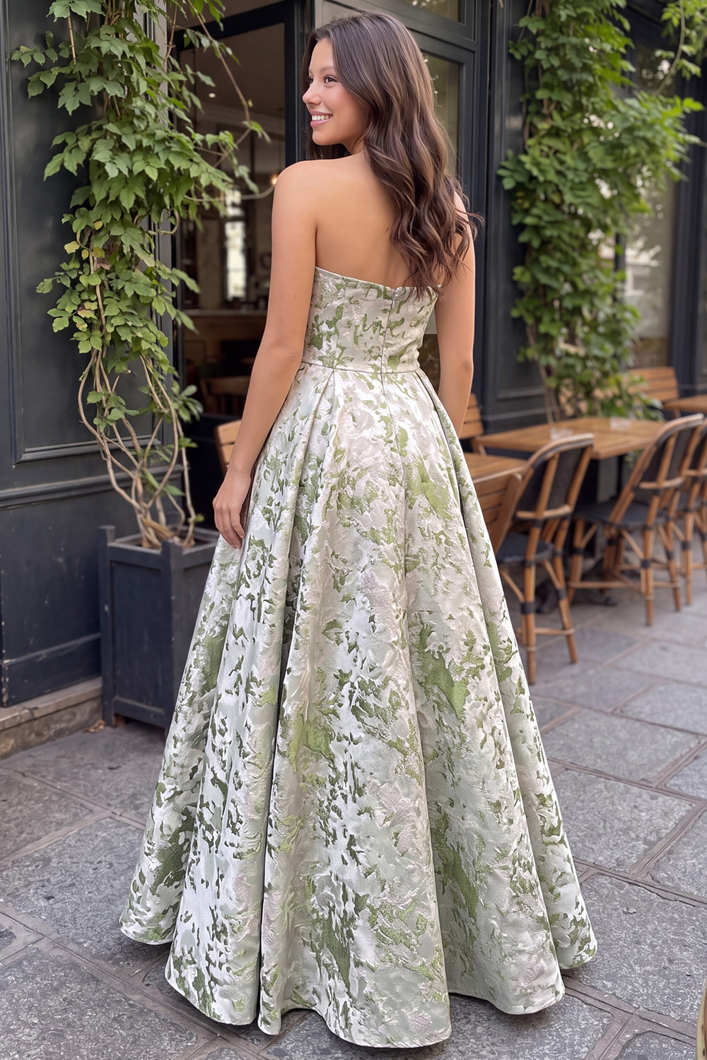 Light Green A-Line Printed Strapless Long Prom Dress
