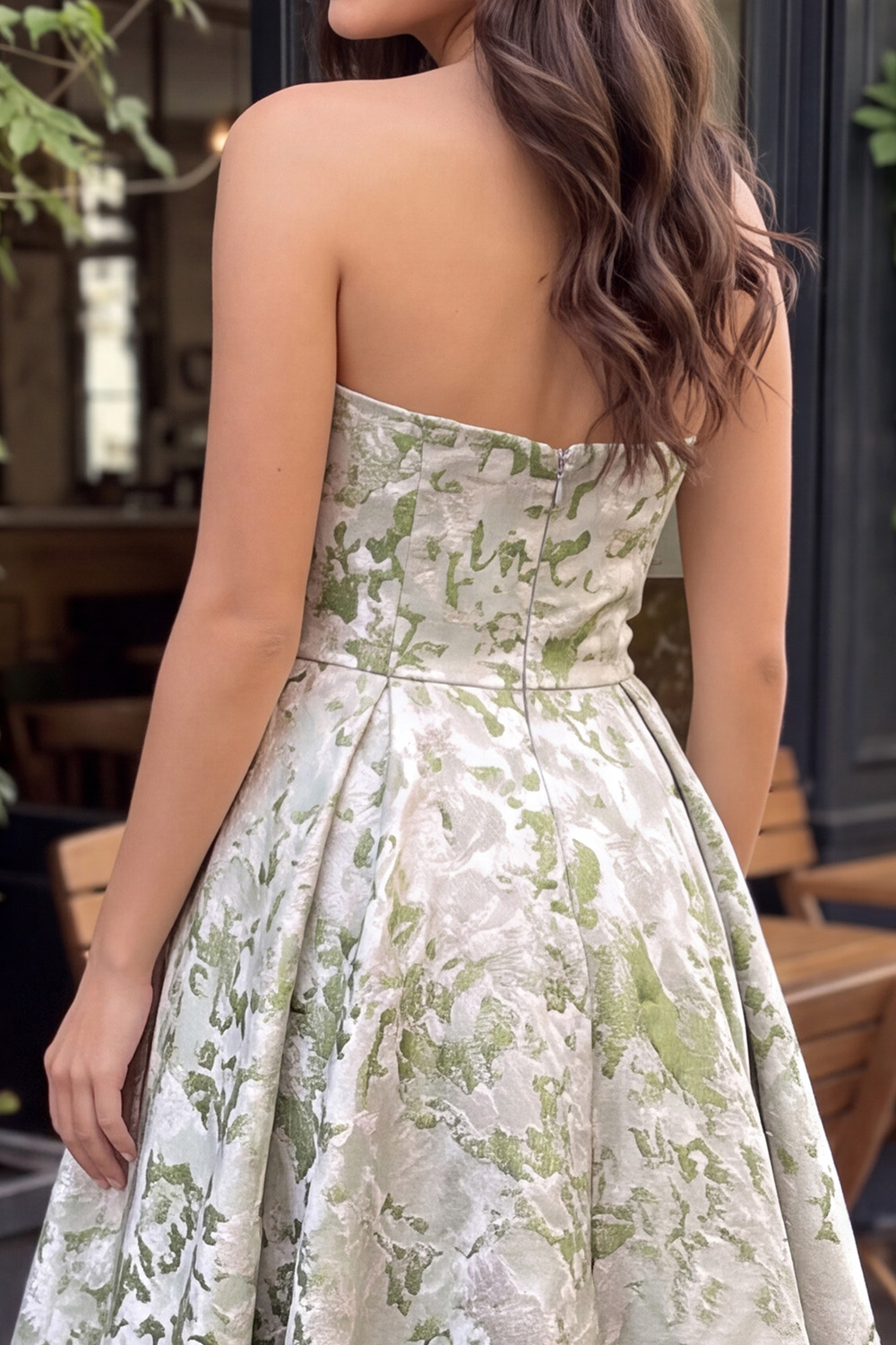 Light Green A-Line Printed Strapless Long Prom Dress