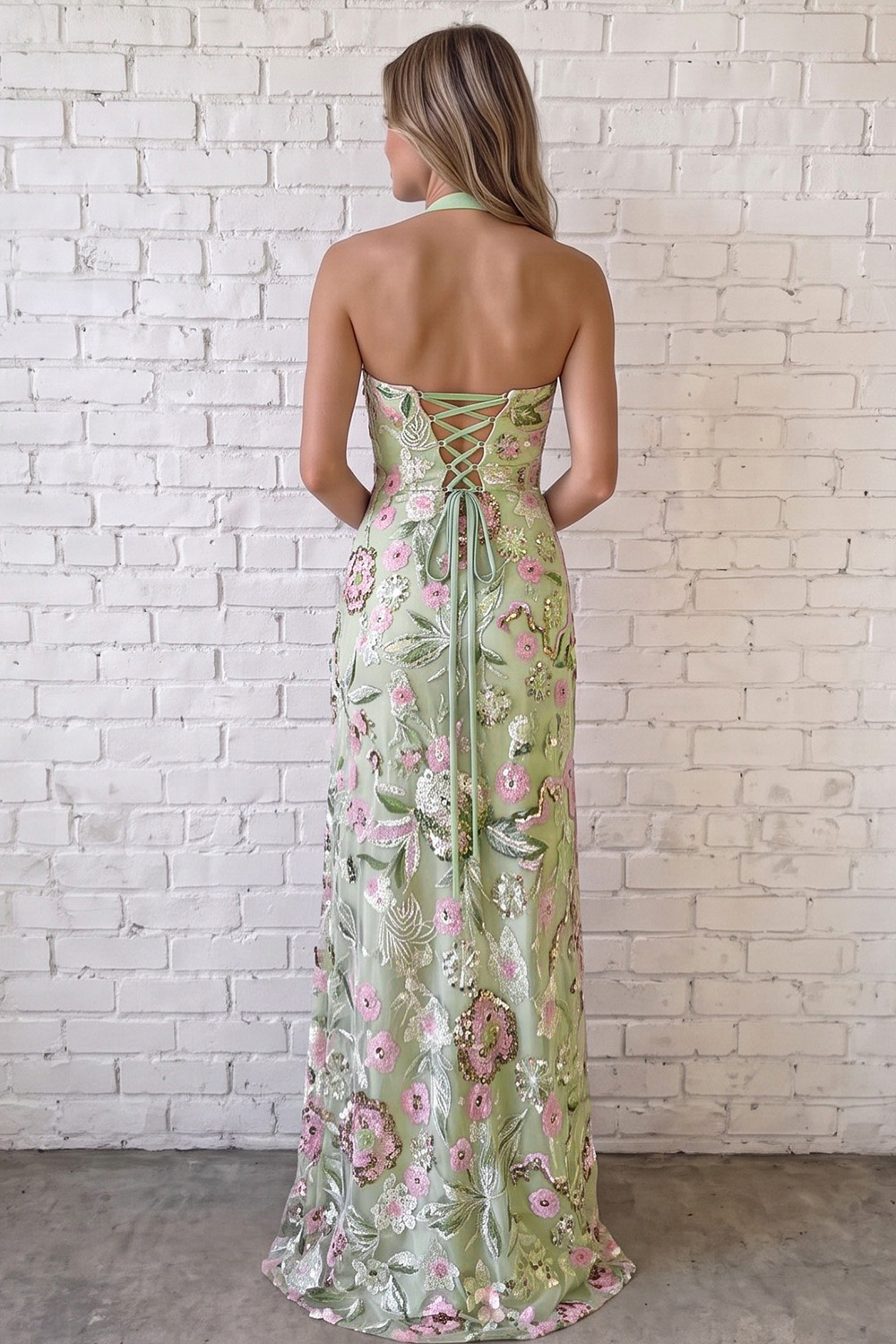 Sparkly Halter Floral Dusty Sage Sheath Long Prom Dress with Slit