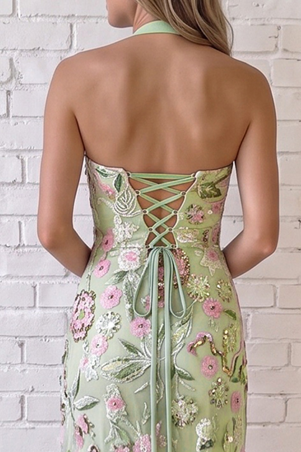 Sparkly Halter Floral Dusty Sage Sheath Long Prom Dress with Slit