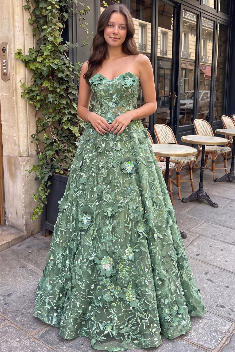 Appliqued Sage Green A-Line Floral Sweetheart Long Prom Dress