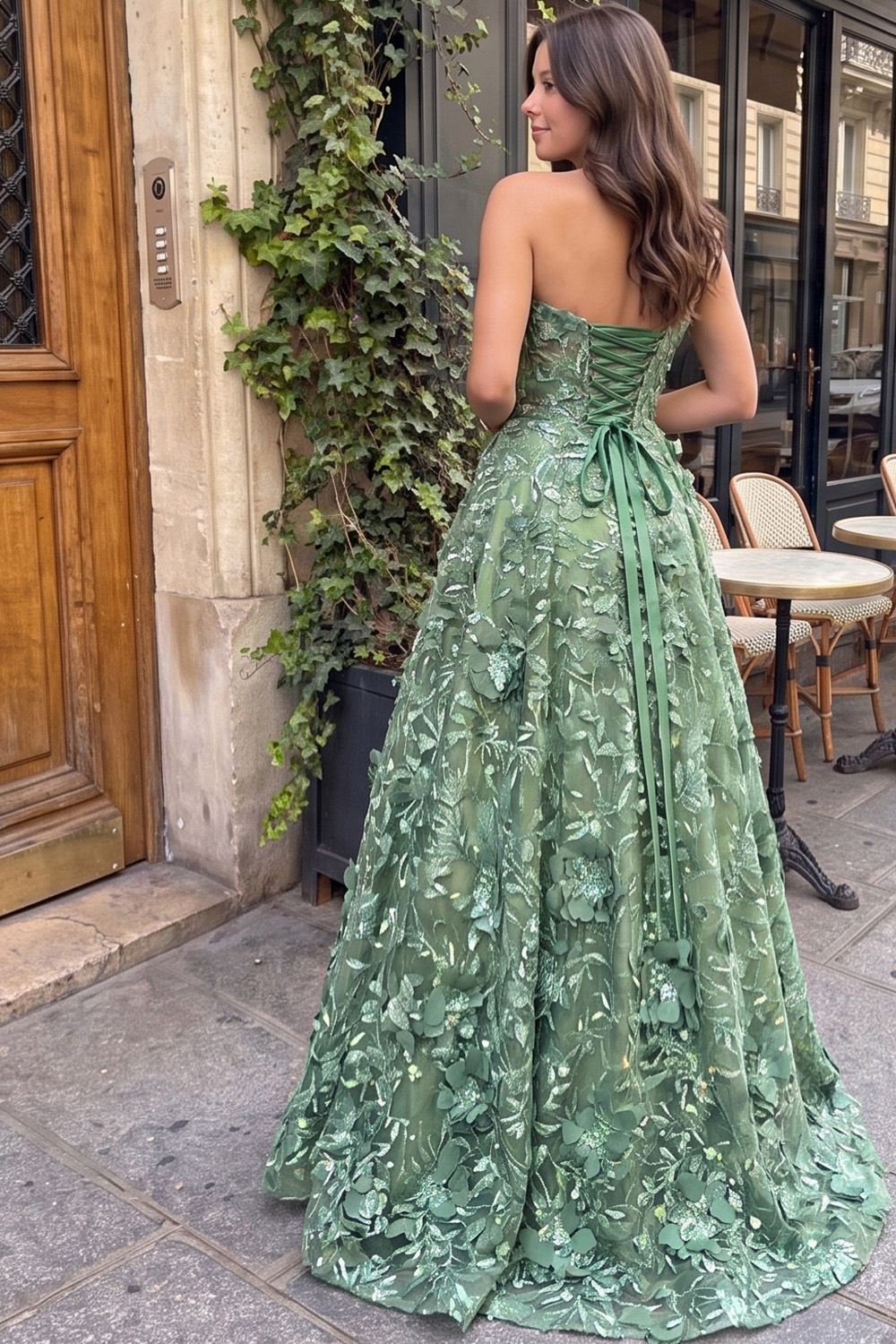 Appliqued Sage Green A-Line Floral Sweetheart Long Prom Dress