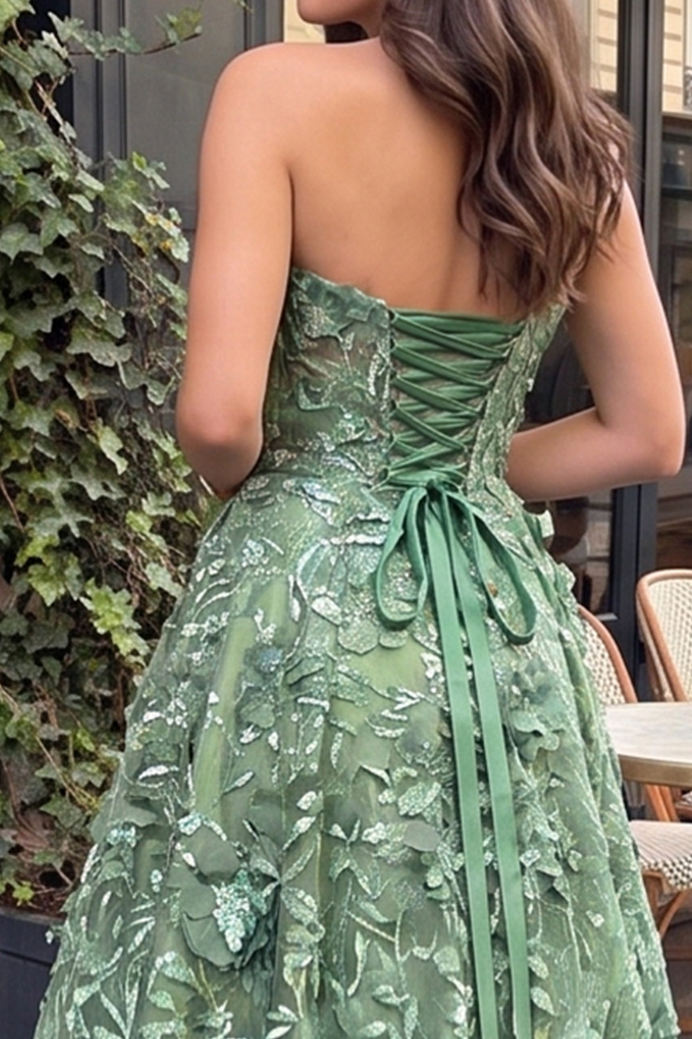 Appliqued Sage Green A-Line Floral Sweetheart Long Prom Dress