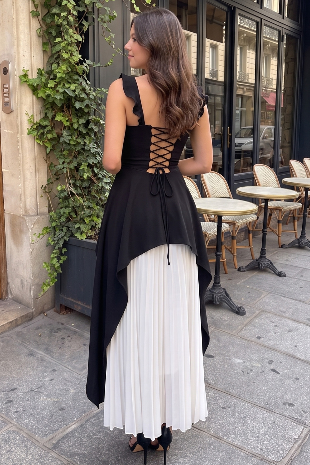 Black White A-Line Thick Straps Pleated Long Prom Dress