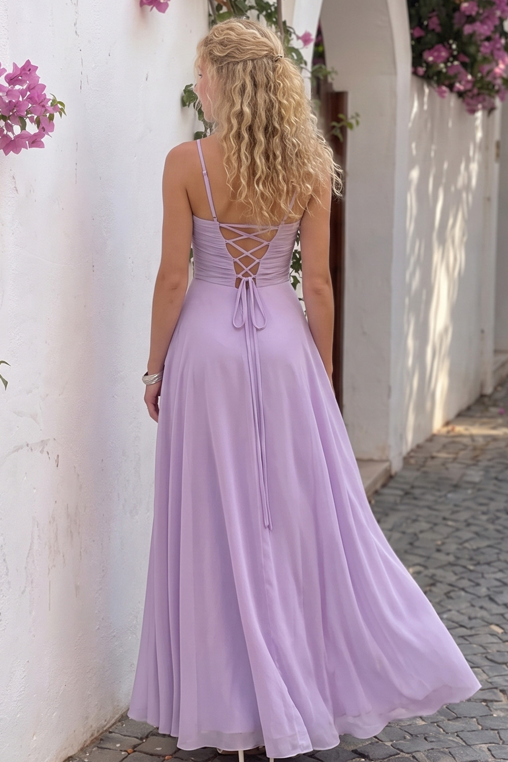 Wisteria A-Line Spaghetti Straps Ruched Long Prom Dress