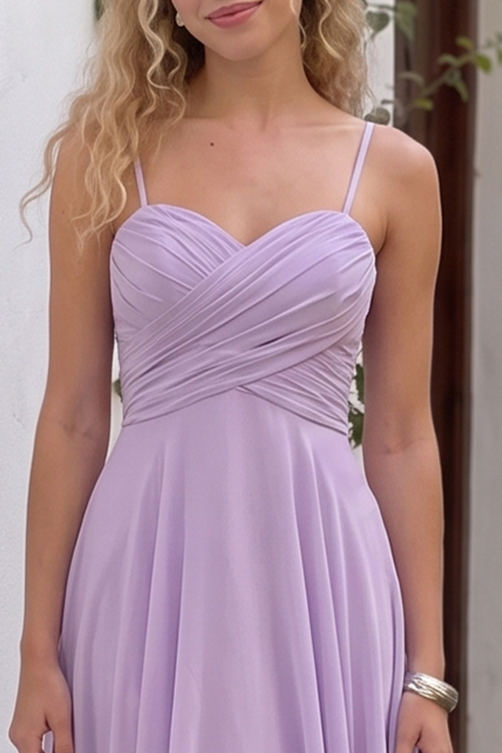 Wisteria A-Line Spaghetti Straps Ruched Long Prom Dress