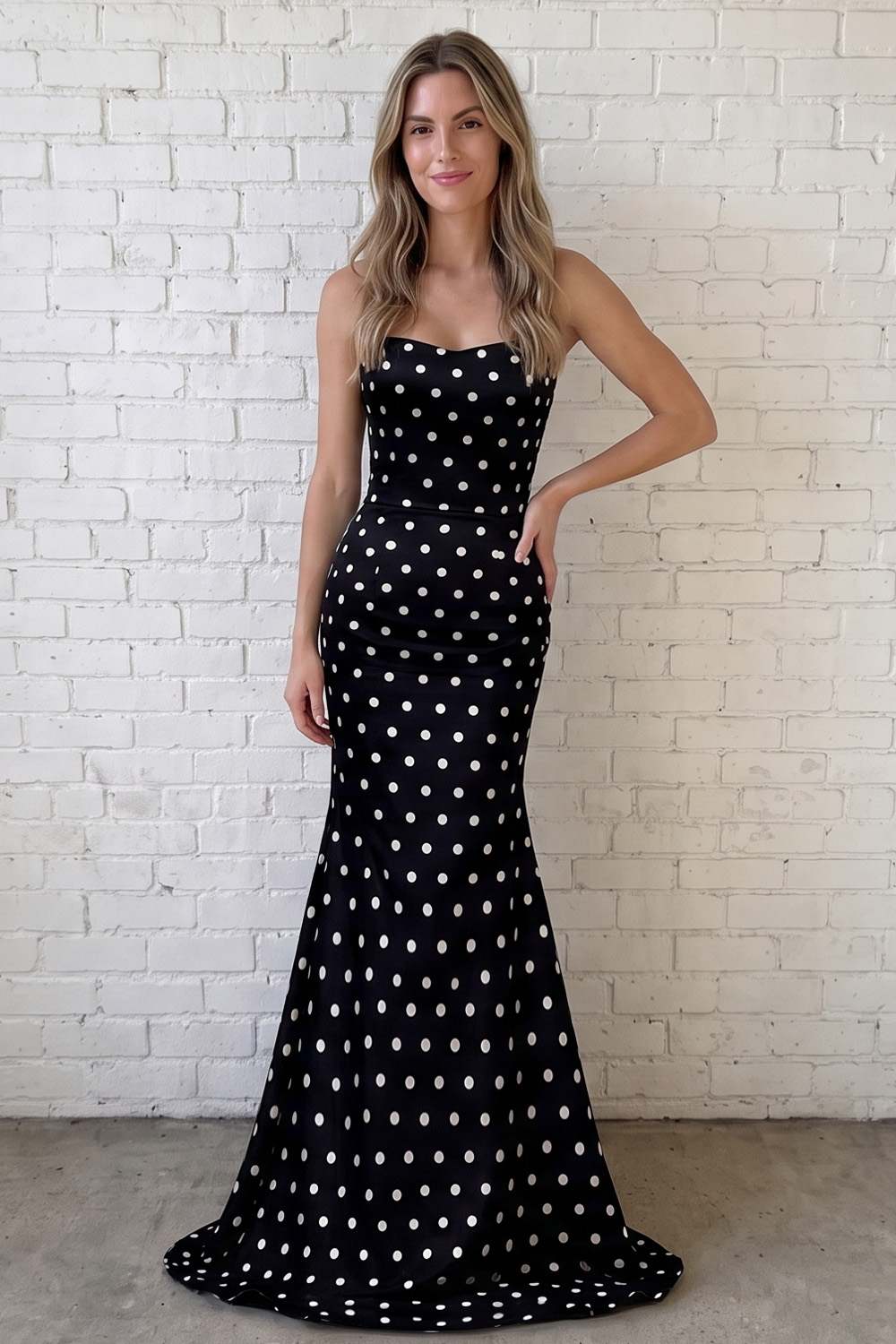 Black White Dot Printed Mermaid Strapless Long Prom Dress