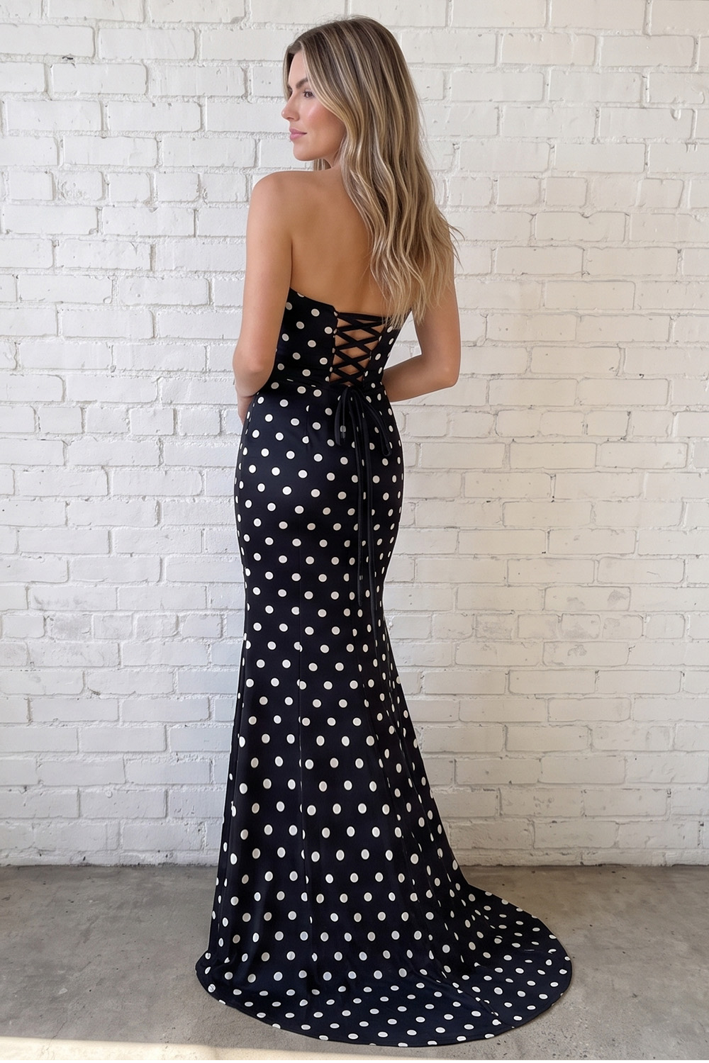 Black White Dot Printed Mermaid Strapless Long Prom Dress
