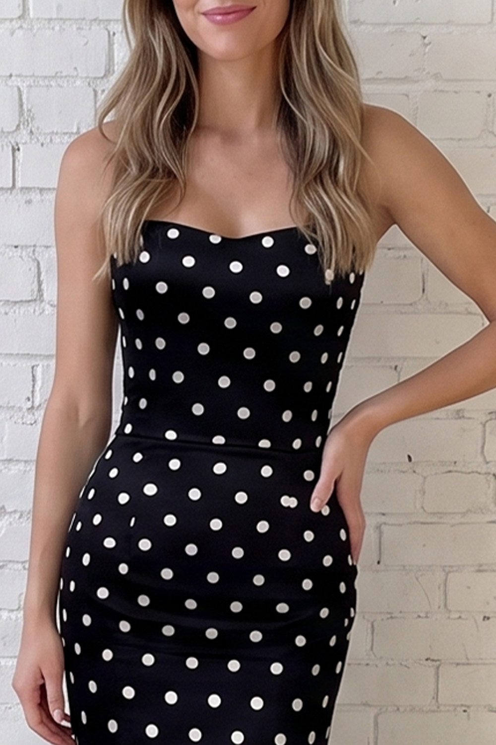 Black White Dot Printed Mermaid Strapless Long Prom Dress