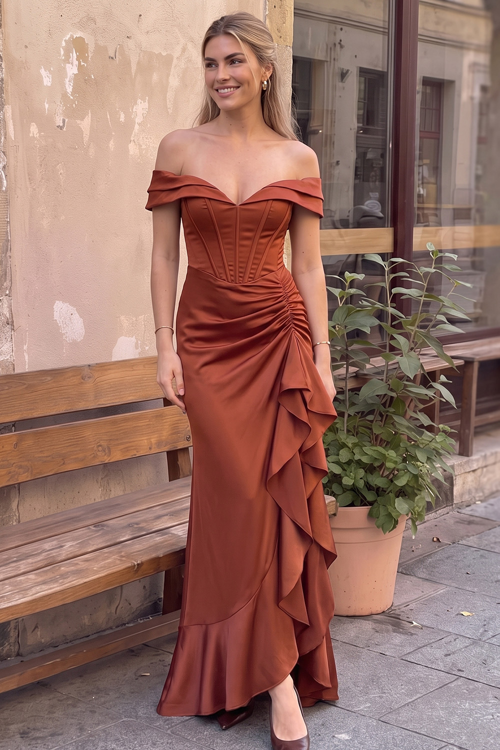 Rust Off the Shoulder Ruched Long Prom Dress with Ruffles