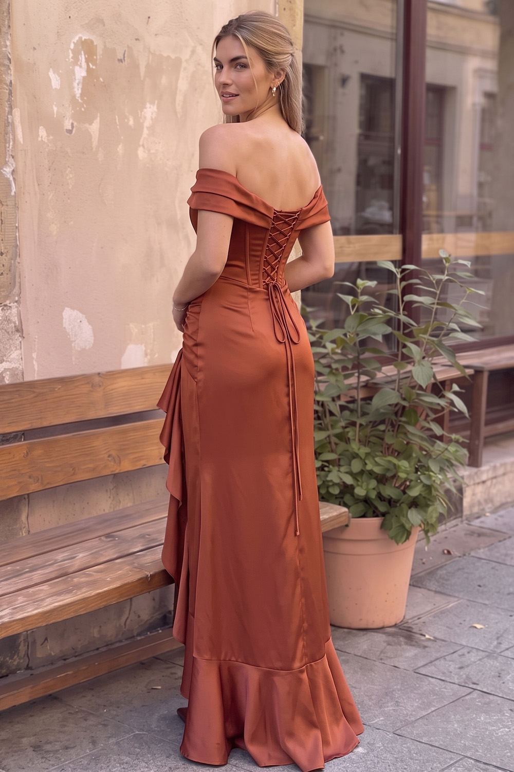 Rust Off the Shoulder Ruched Long Prom Dress with Ruffles