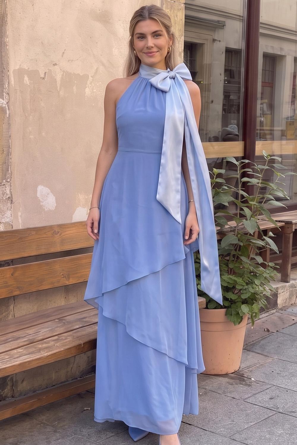 Cornflower Blue A-Line High Neck Tiered Long Prom Dress with Bow