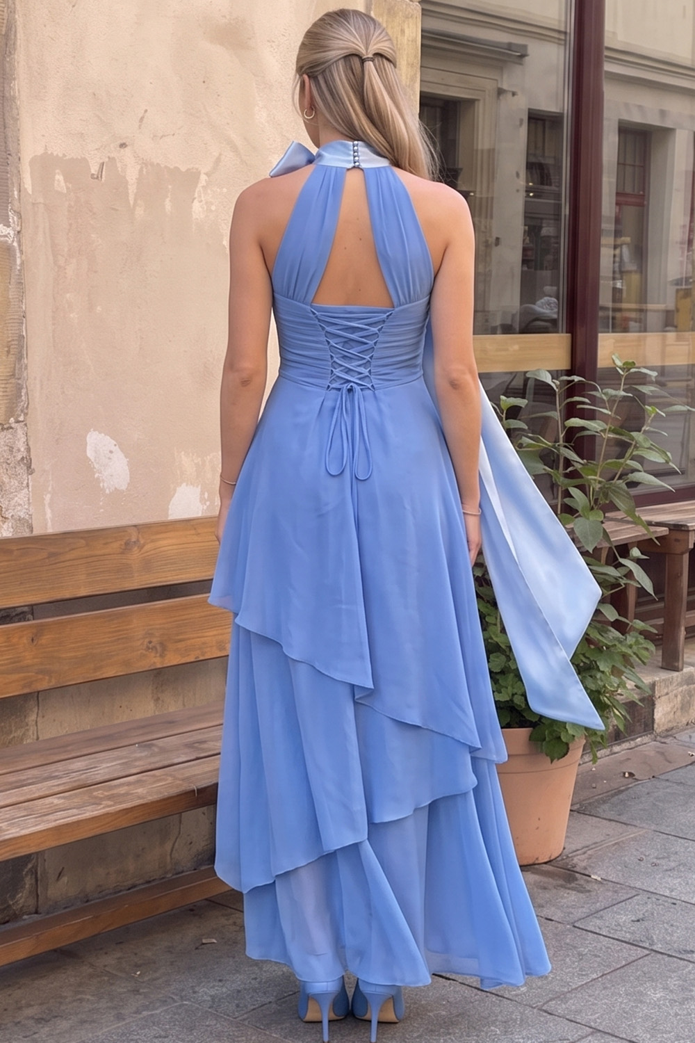Cornflower Blue A-Line High Neck Tiered Long Prom Dress with Bow