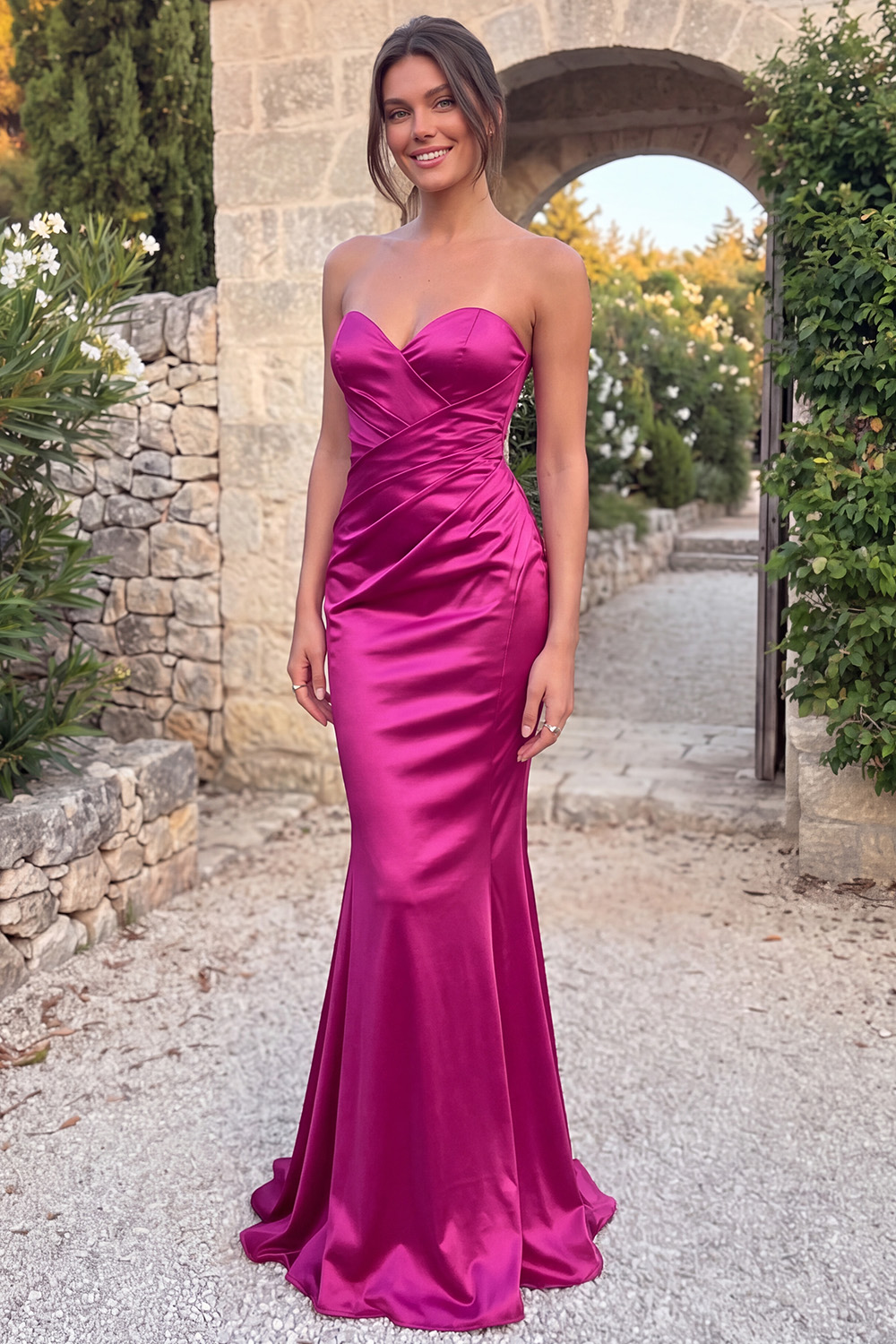 Fuchsia Satin Mermaid Sweetheart Long Prom Dress
