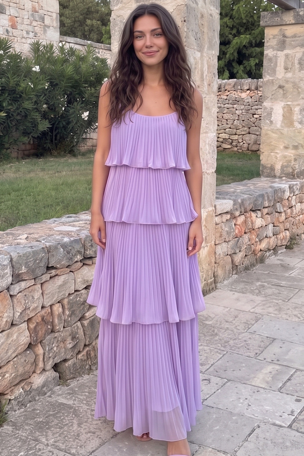 Lavender Tiered Spaghetti Straps Pleated Long Prom Dress