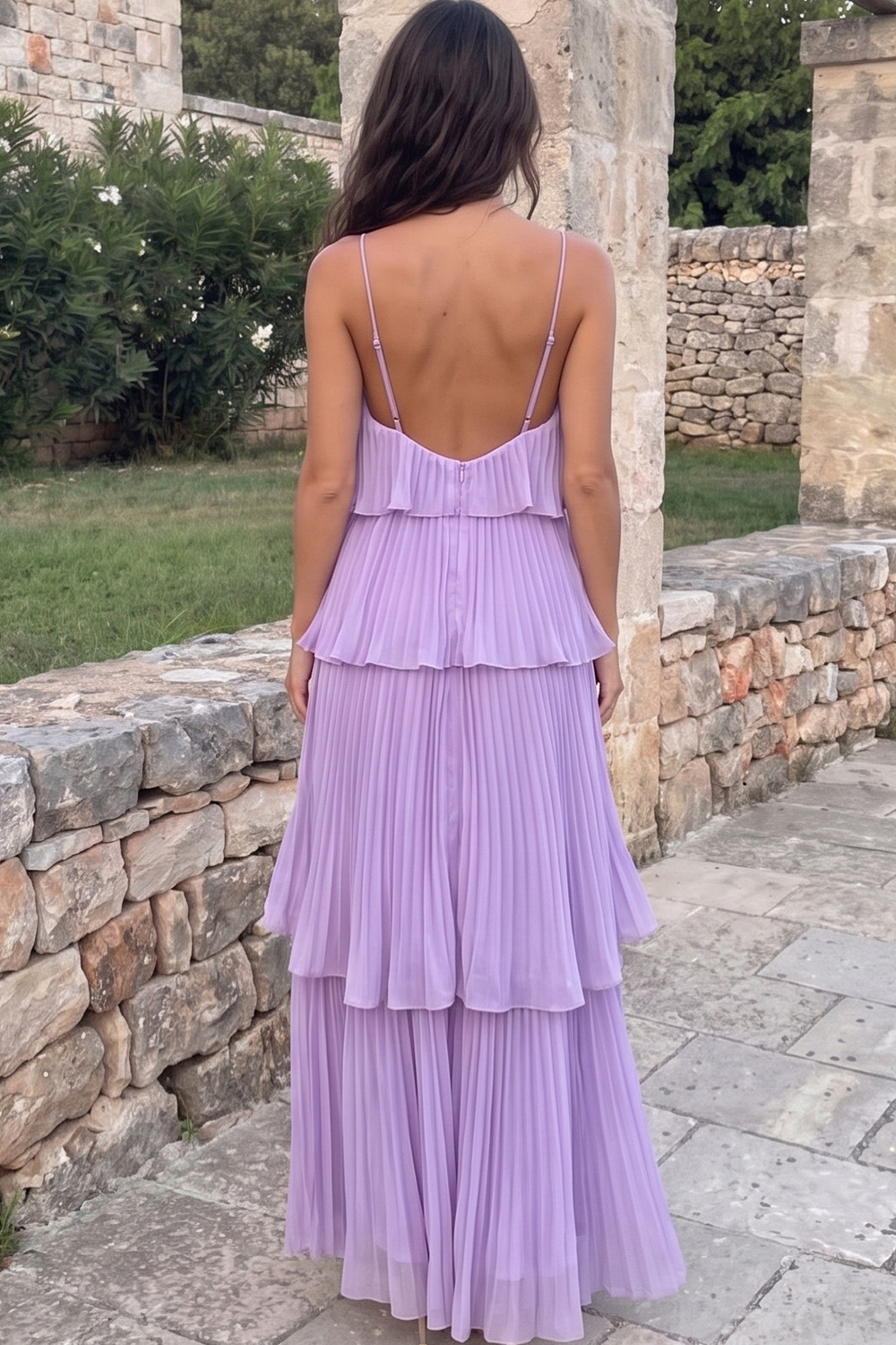 Lavender Tiered Spaghetti Straps Pleated Long Prom Dress