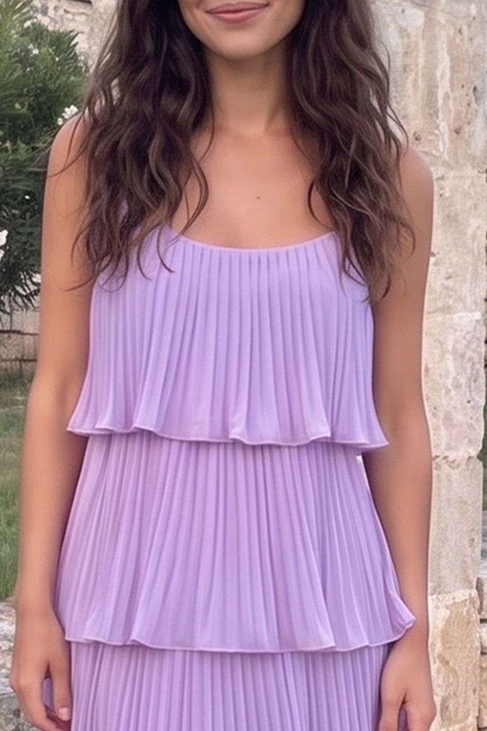 Lavender Tiered Spaghetti Straps Pleated Long Prom Dress