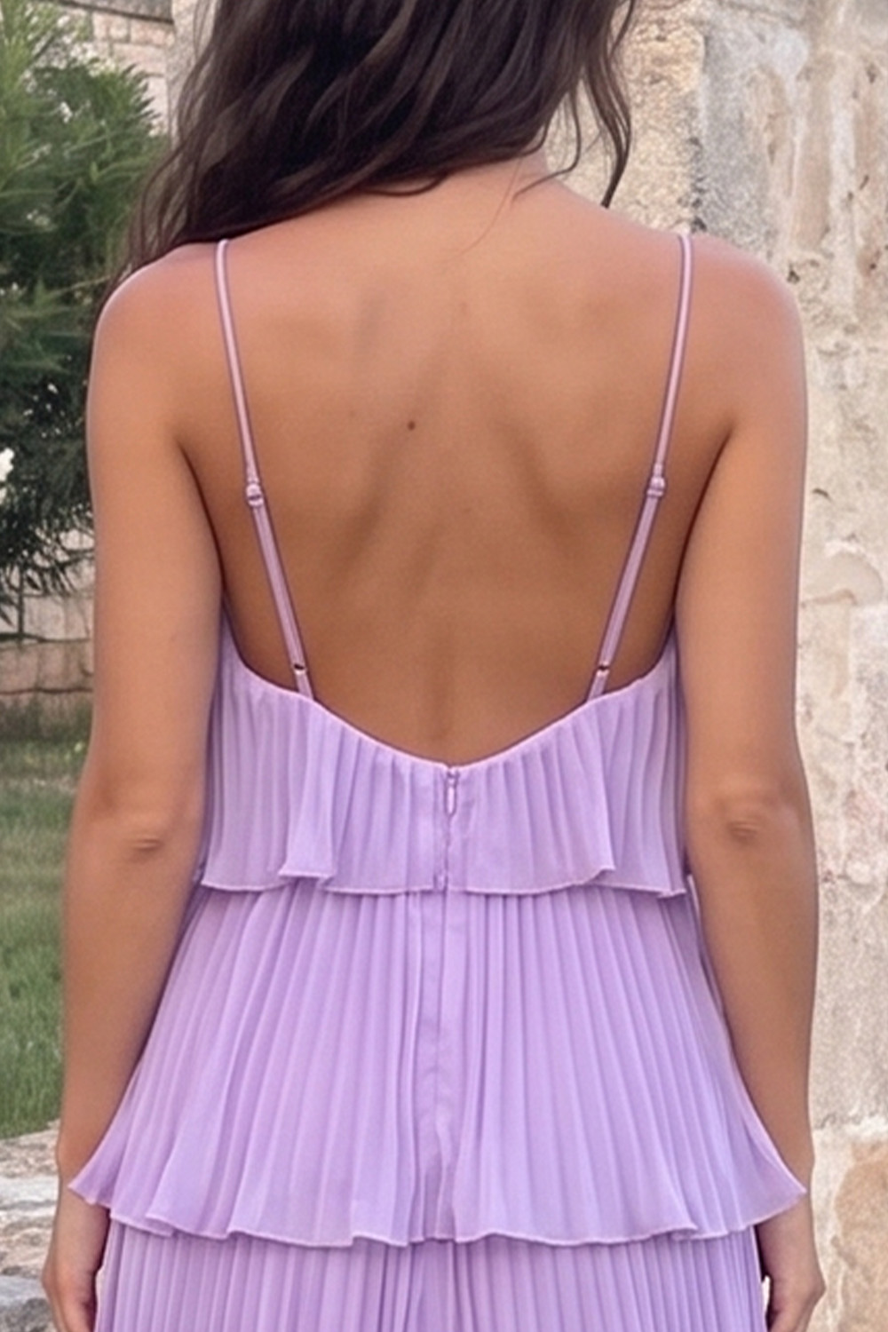 Lavender Tiered Spaghetti Straps Pleated Long Prom Dress