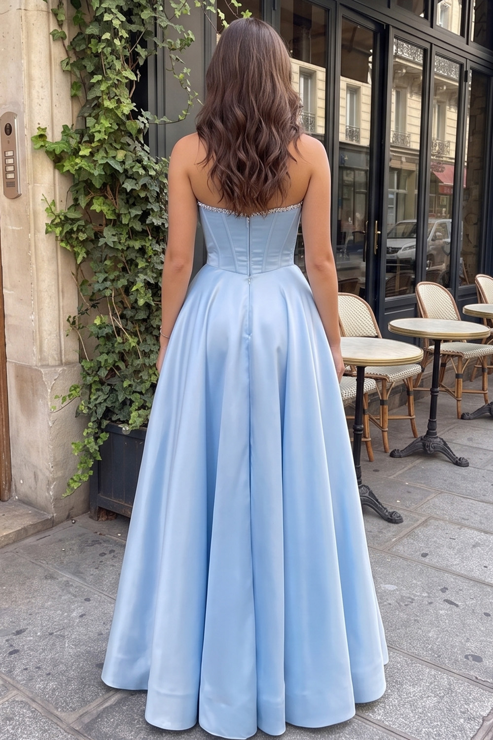 Light Blue Corset A-Line Strapless Long Prom Dress with Bow