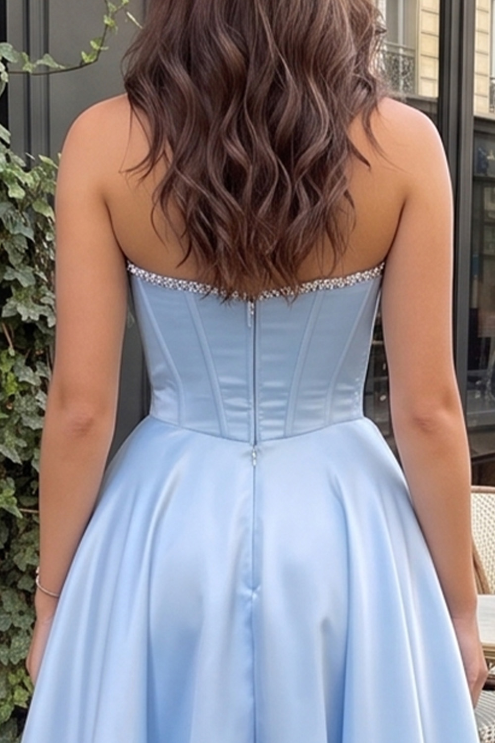 Light Blue Corset A-Line Strapless Long Prom Dress with Bow