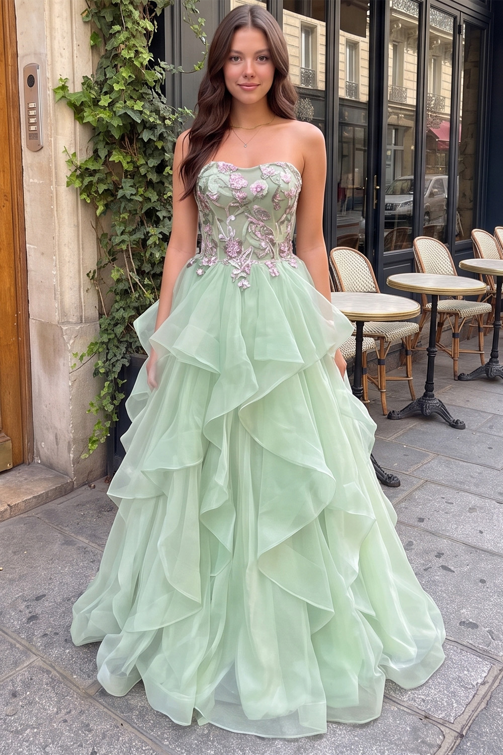 Mint Green Strapless Ball Gown Tiered Long Floral Prom Dress
