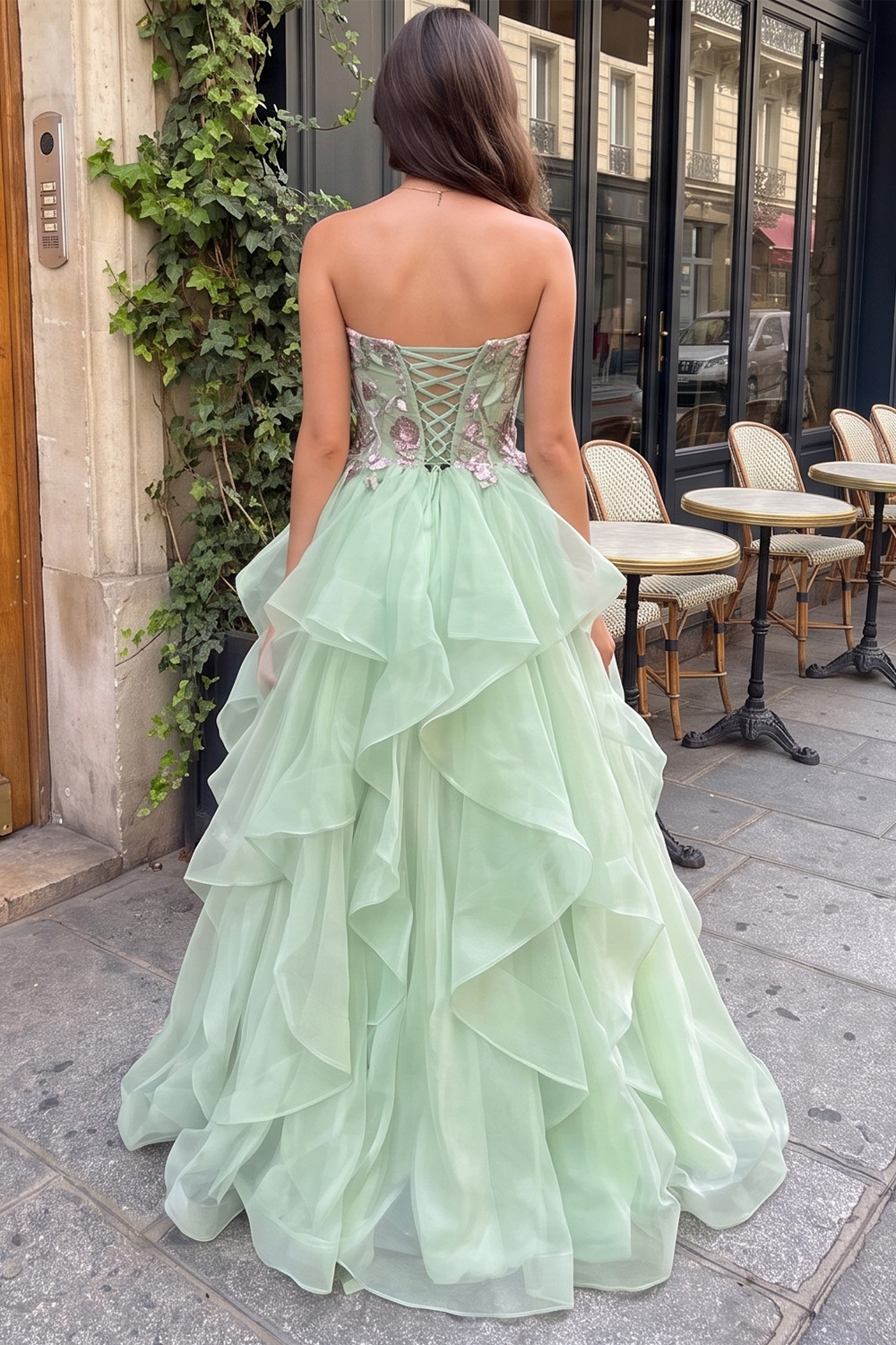 Mint Green Strapless Ball Gown Tiered Long Floral Prom Dress
